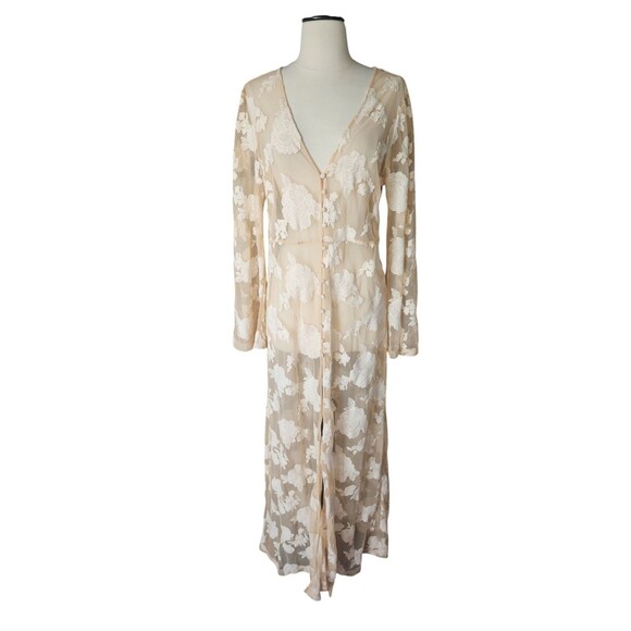 Forever 21 Coquette Floral Embroidered Kimono Duster Medium Peach Girlhood Maxi - Picture 2 of 9